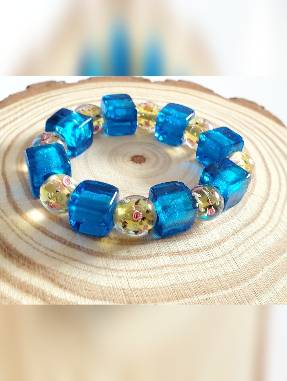 Vtg. Blue and Yellow Floral Murano Glass Bead Stretch Bracelet